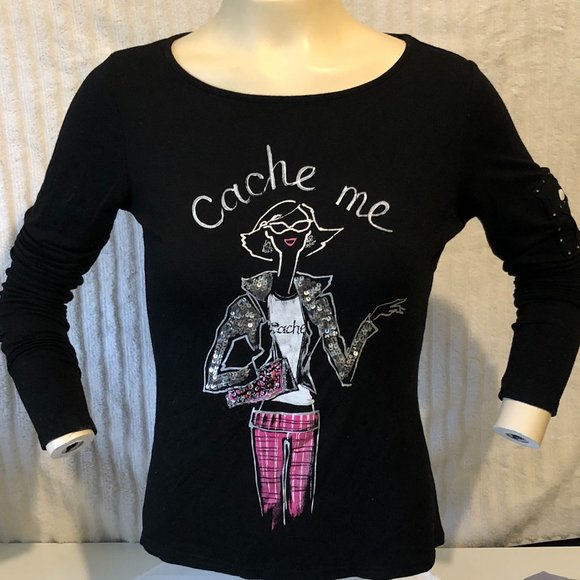 CACHE EMBELLISHED SO CUTE BLK / PINK WHITE / SILVER LONG SLEEVE NWOT SZ M - Picture 1 of 5
